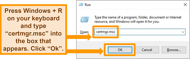 Screenshot of running certmgr.msc in Windows Run app