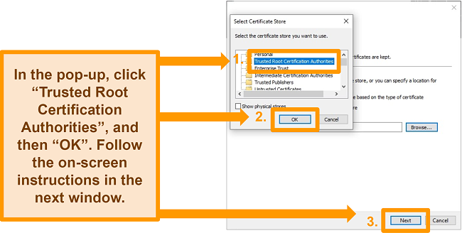 Screenshot of selecting the Trusted Root Certification Authorities option in the Windows VPN certificate import process