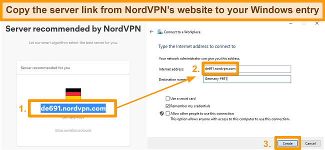 Screenshot of copying a suggested server URL from NordVPN's website into the Windows 