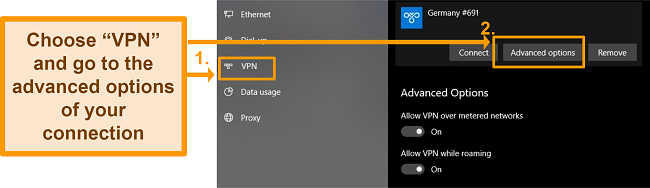 Screenshot of changing the advanced options for a manual VPN configuration in the Windows VPN settings