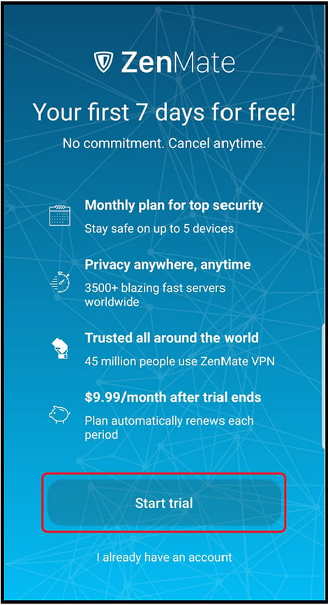 ZenMate VPN Android start trial