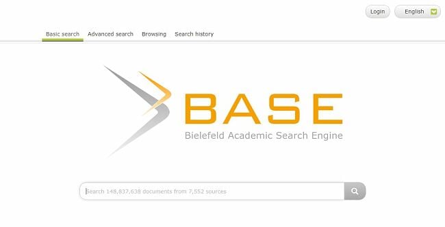 Screenshot of BASE website