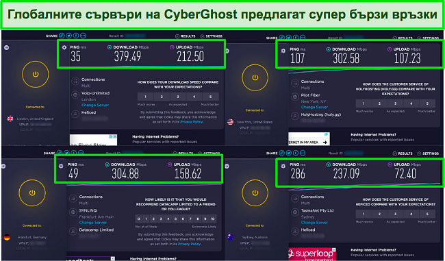 екранна снимка на тестове за скорост един до друг заедно с приложението CyberGhost, свързано с различни сървъри
