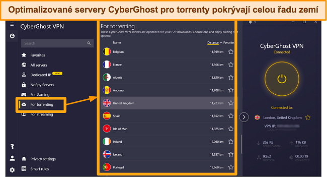Snímek obrazovky serverů CyberGhost optimalizovaných pro torrenting v aplikaci Windows