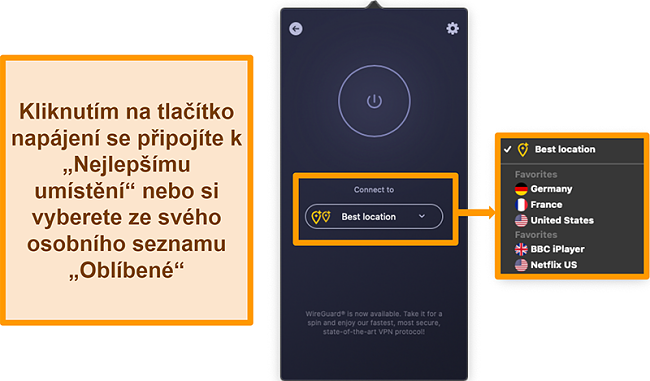 Screenshot funkce Nejlepší umístění aplikace CyberGhost VPN v aplikaci