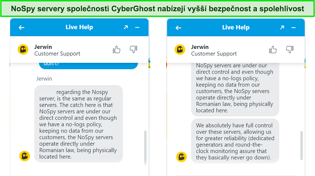 Snímek obrazovky živého chatovacího agenta CyberGhost vysvětlující zvýšenou bezpečnost a spolehlivost serverů NoSpy.