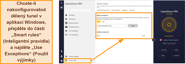 Screenshot funkce CyberGhost VPN Smart Rules Whitelister