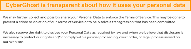 Screenshot of CyberGhost's privacy policy on its website stating that the VPN does collect some personal data
