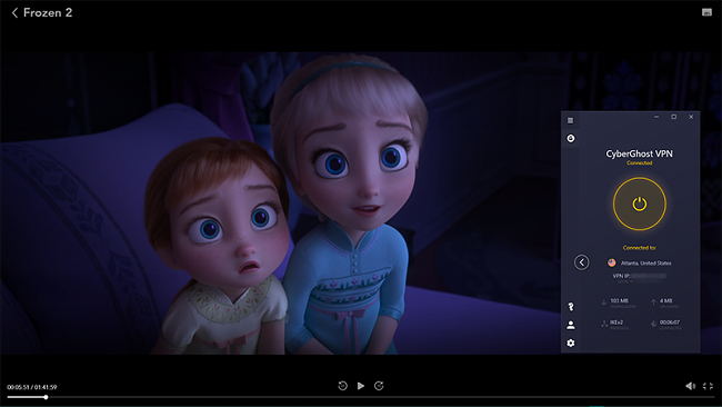 Знімок екрана потокової передачі Frozen 2 на Disney + за допомогою CyberGhost, підключеного до американського сервера