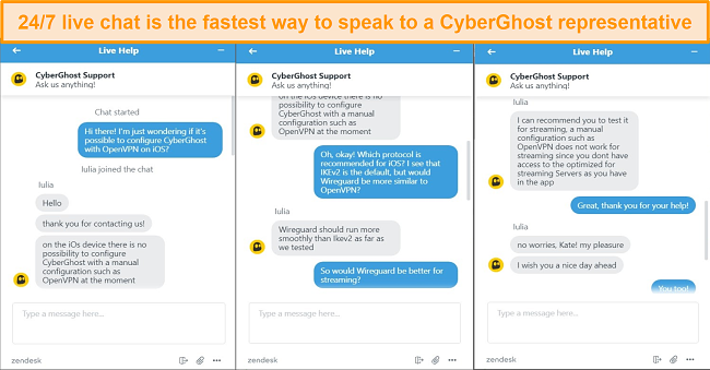 Screenshots of CyberGhost live chat
