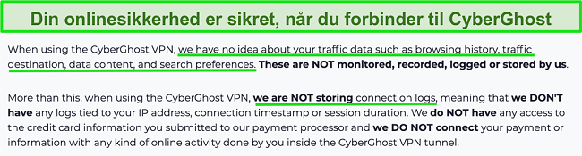 Skærmbillede af CyberGhost VPN-fortrolighedserklæring på sit websted