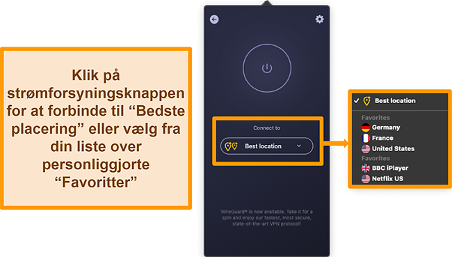 Skærmbillede af CyberGhost VPNs bedste placeringsfunktion i appen