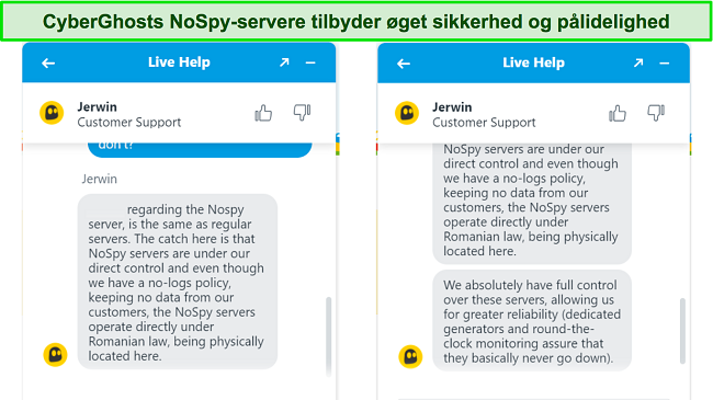 Skærmbillede af CyberGhosts live chat-agent, der forklarer den øgede sikkerhed og pålidelighed af NoSpy-serverne.