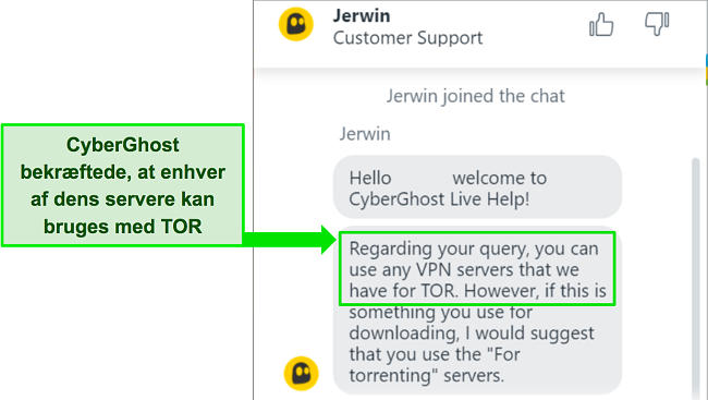Skærmbillede af CyberGhosts live chat, der bekræfter dens kompatibilitet med Tor-browseren.