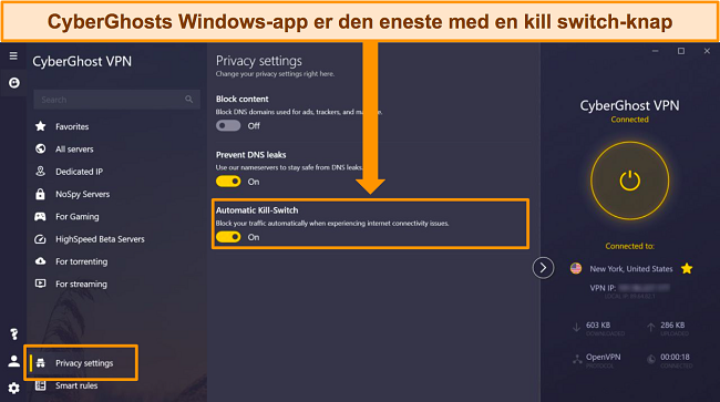 Skærmbillede af CyberGhosts Windows-app med indstillingen Automatic Kill Switch fremhævet.