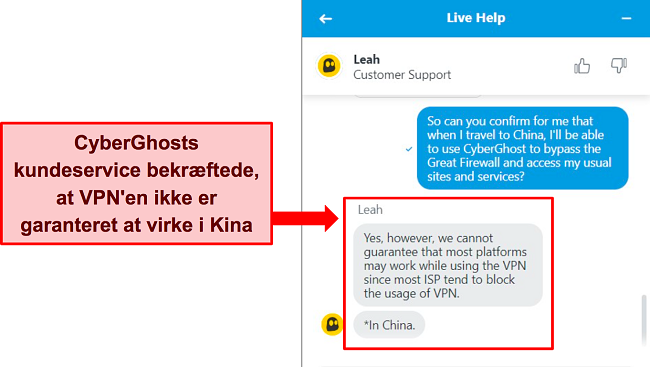 Skærmbillede af CyberGhosts livechat, der siger, at VPN'en ikke er garanteret at virke i Kina.