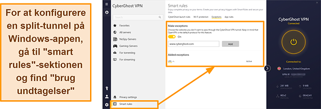 Skærmbillede af CyberGhost VPNs Smart Rules Whitelister-funktion
