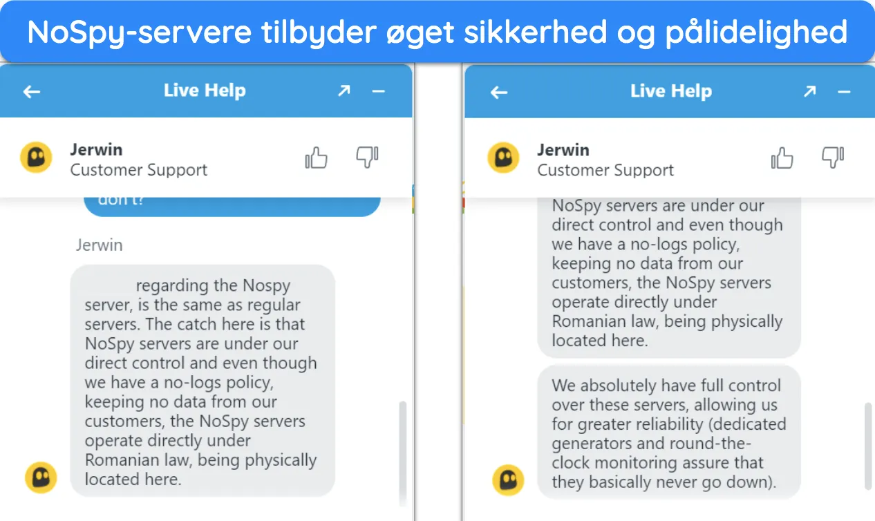 Skærmbillede af samtale med CyberGhost-supportpersonale, der bekræfter sikkerheden på NoSpy-servere.