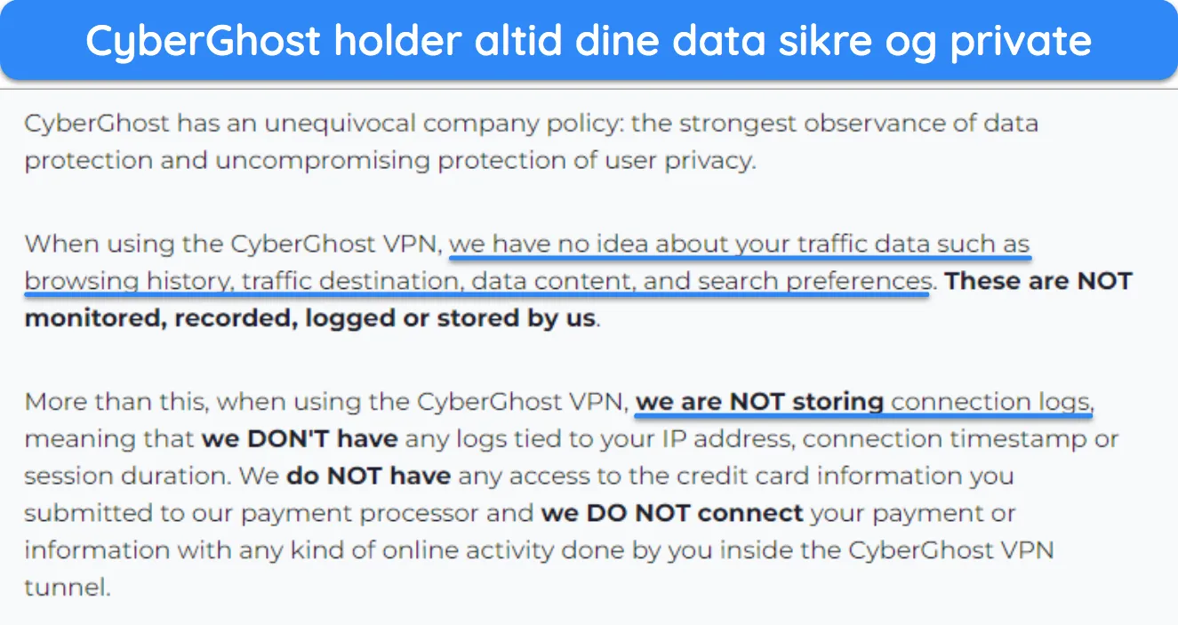 Skærmbillede af CyberGhosts privatlivspolitik, der angiver, at den ikke logger brugerdata.