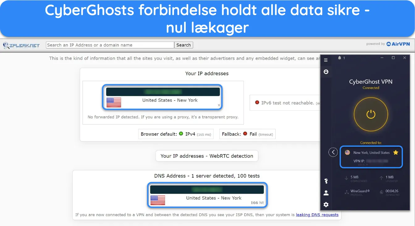 Skærmbillede af lækagetestresultater på CyberGhost.