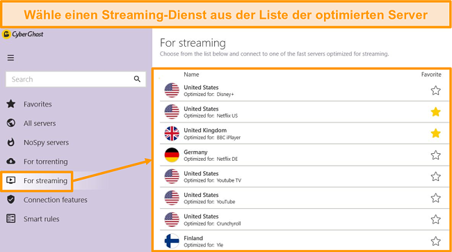 Screenshot der optimierten Streaming-Server von CyberGhost in der Windows-App