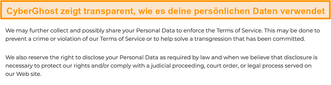 Screenshot der Datenschutzrichtlinie von CyberGhost auf seiner Website, aus der hervorgeht, dass das VPN einige personenbezogene Daten sammelt