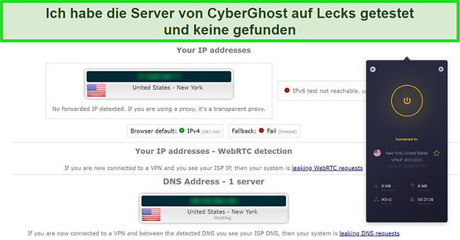 Screenshot von CyberGhost VPN, das mit einem US-Server verbunden ist und einen IP-Lecktest erfolgreich bestanden hat