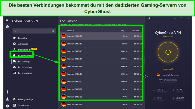 Screenshot der Gaming-optimierten Server von CyberGhost in der Windows-App