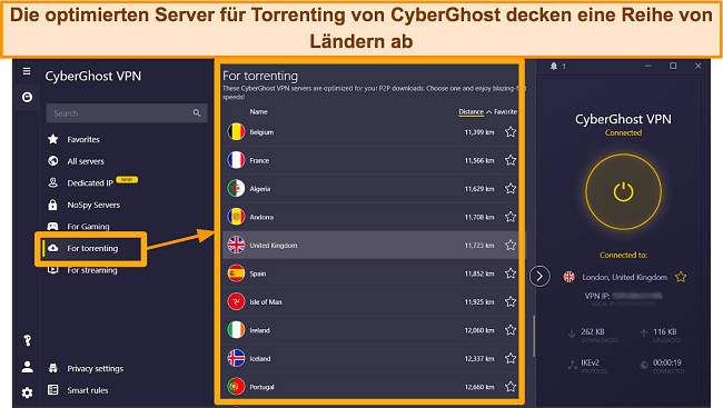 Screenshot der Torrent-optimierten Server von CyberGhost in der Windows-App