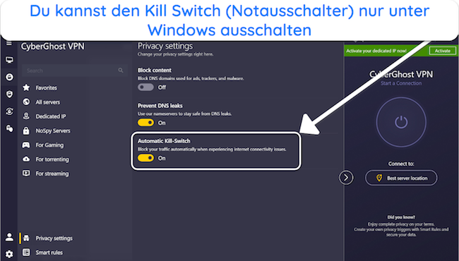 Screenshot der Deaktivierungsoption für den automatischen Kill-Switch in der Windows-App von CyberGhost