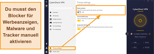 Screenshot der Anzeige, des Trackers und des Malware-Blockers von CyberGhost VPN