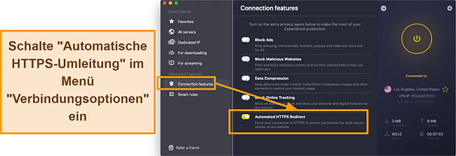 Screenshot der automatisierten HTTPS-Umleitungsfunktion von CyberGhost VPN