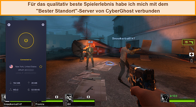 Screenshot eines Benutzers, der beim Online-Spielen mit dem US-Server von CyberGhost VPN verbunden ist