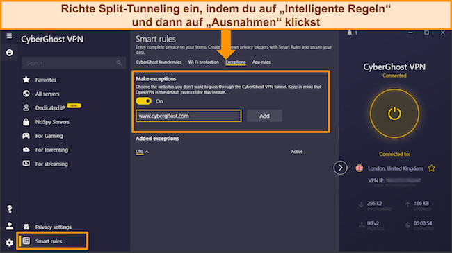 Screenshot der Split-Tunneling-Funktion von CyberGhost in seiner Windows-App