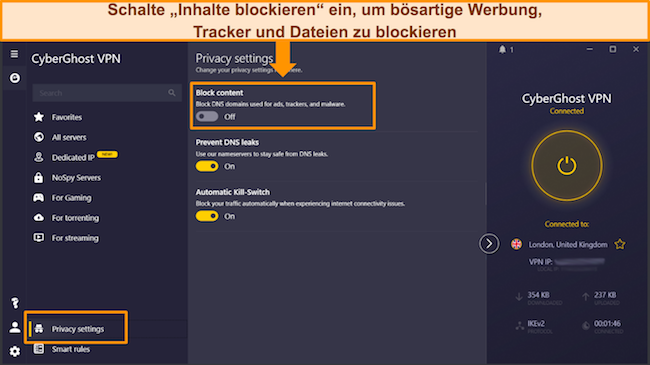 Screenshot der Block Content-Funktion von CyberGhost in der Windows-App