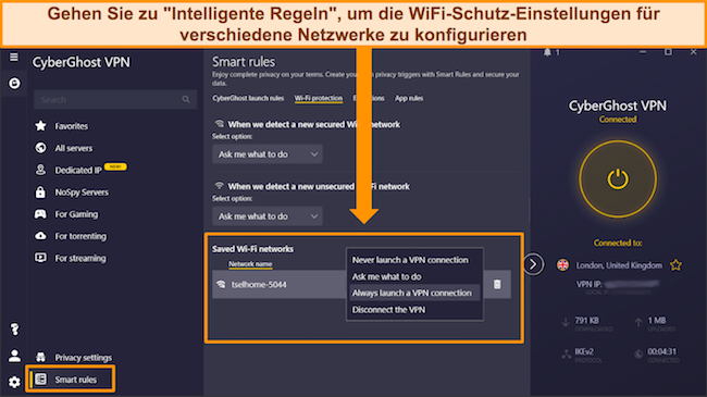 Screenshot der Smart Rules-Einstellungen von CyberGhost zum Einrichten des WLAN-Schutzes