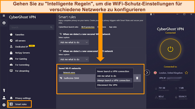 Screenshot der WLAN-Schutzeinstellungen in der CyberGhost-App