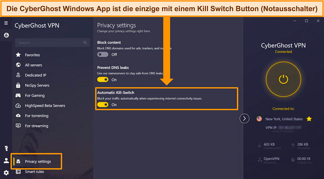 Screenshot der Windows-App von CyberGhost mit hervorgehobener Option 