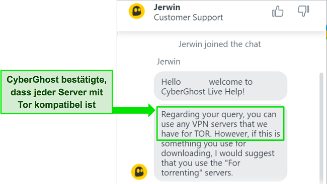 Screenshot des Live-Chats von CyberGhost, der die Kompatibilität mit dem Tor-Browser bestätigt.