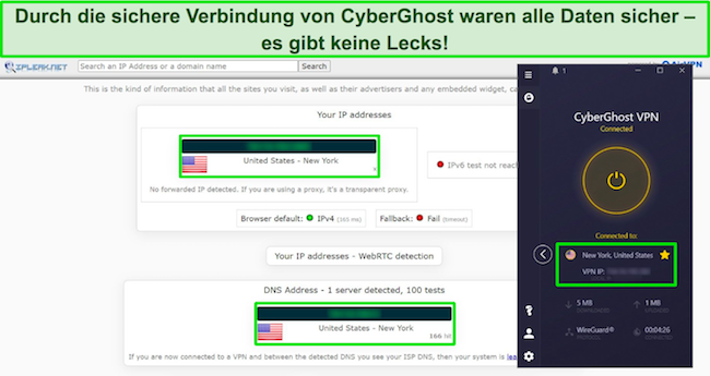 Screenshot der Lecktestergebnisse auf CyberGhost