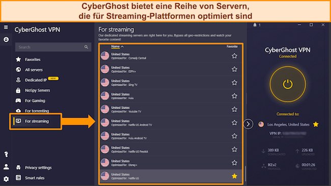 Screenshot der Liste der Streaming-optimierten Server von CyberGhost für beliebte Plattformen