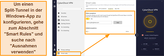 Screenshot der Smart Rules Whitelister-Funktion von CyberGhost VPN