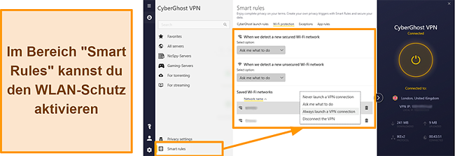 Screenshot der WiFi-Schutzfunktion von CyberGhost VPN