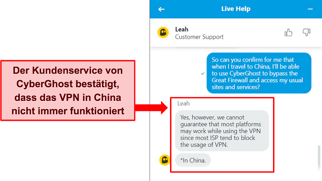 Screenshot des Live-Chats von CyberGhost, aus dem hervorgeht, dass das VPN in China nicht garantiert funktioniert.