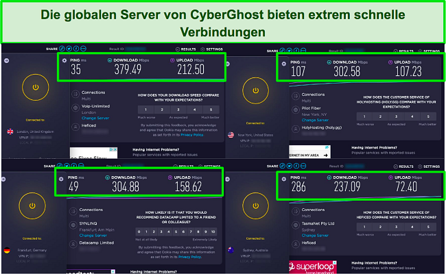 Screenshot von parallelen Geschwindigkeitstests neben der CyberGhost-App, die mit verschiedenen Servern verbunden ist