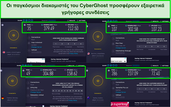 στιγμιότυπο οθόνης δοκιμών ταχύτητας δίπλα-δίπλα παράλληλα με την εφαρμογή CyberGhost που είναι συνδεδεμένη σε διαφορετικούς διακομιστές
