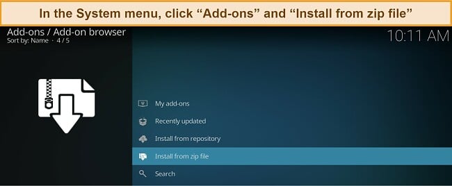Screenshot of Kodi's Add-on menu, showing the 