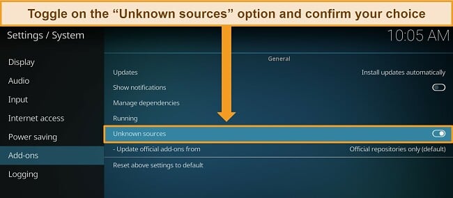 Screenshot of Kodi Add-ons, with instructions to toggle on the Unknown Sources option.