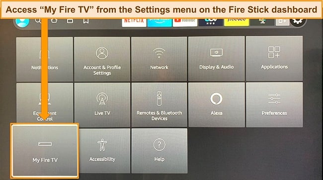 Screenshot of Amazon Fire Stick dashboard, highlighting the My Fire TV option in the settings menu.
