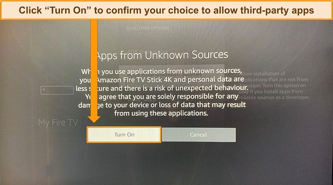 Screenshot of pop-up message asking to confirm the choice to allow third-party apps due to potential risk of device damage or loss of data.
